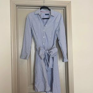Untuckit Blue & White stripe shirt dress, tie waist, Size 8